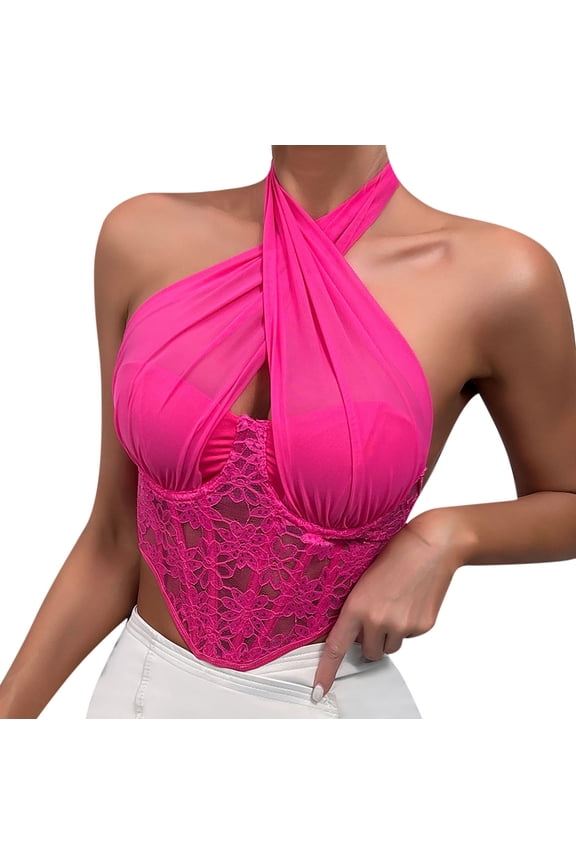 Womens Halter Corset Tops Floral Lace Boned Crop Corsets Bustier Sexy Sheer Going Out Y2k Tops Shapewear Hot Pink, S