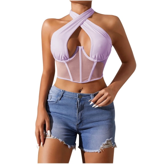 Womens Halter Corset Tops Sheer Mesh Boned Crop Corsets Bustier Sexy Going Out Y2k Tops Shapewear Purple, S