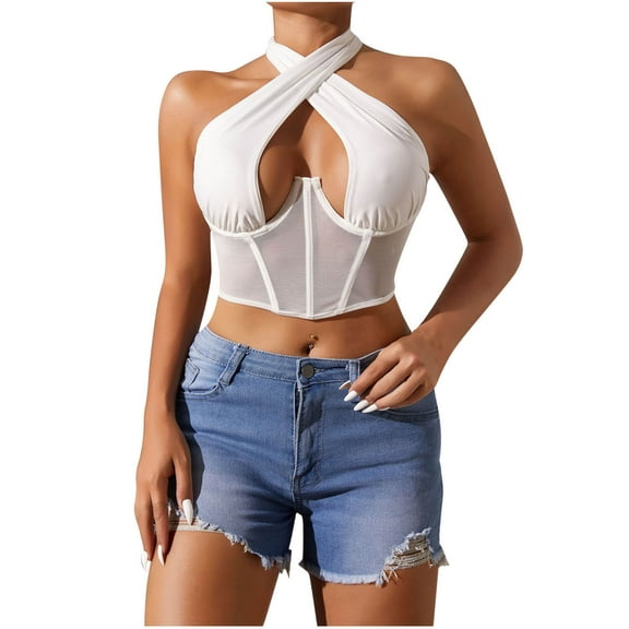 Womens Halter Corset Tops Sheer Mesh Boned Crop Corsets Bustier Sexy Going Out Y2k Tops Shapewear White, L