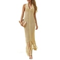 thumbnail image 1 of Womens Halter Crochet Cover Up Fringe Sexy Backless Sleeveless V Neck Collared Vacation Beach Maxi Dress, 1 of 6