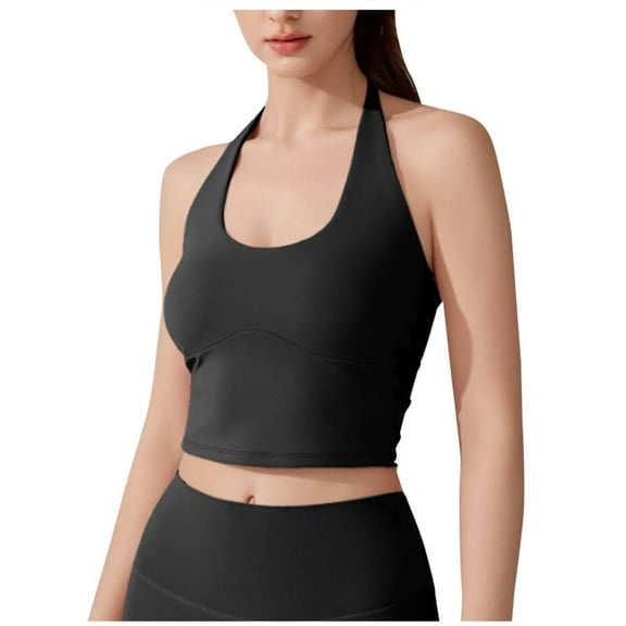 Womens Halter Crop Tank Tops Sports Bra Scoop Neck Sleeveless Tees Padded Workout Yoga Tops with Built in Pads (M, Black)