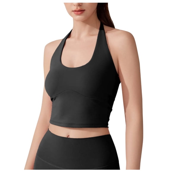 Womens Halter Crop Tank Tops Sports Bra Scoop Neck Sleeveless Tees Padded Workout Yoga Tops with Built in Pads (S, Black)