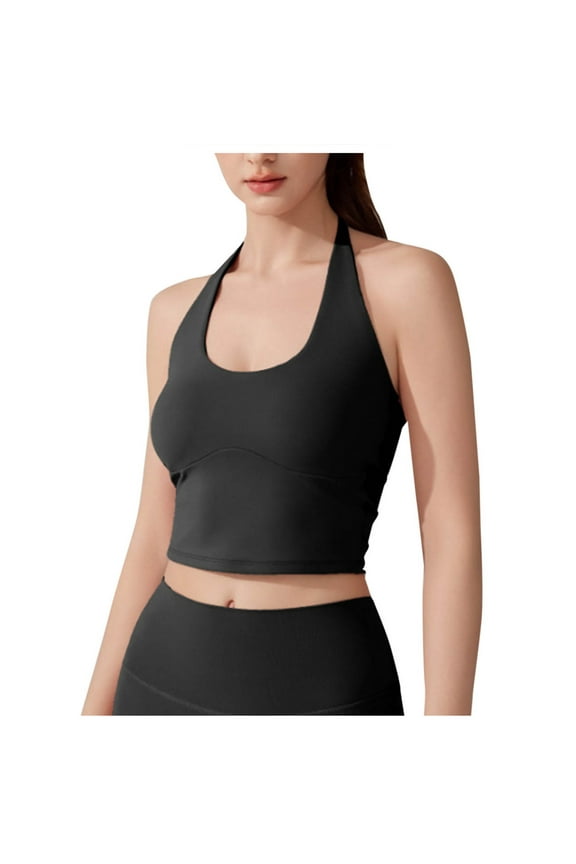 Womens Halter Crop Tank Tops Sports Bra Scoop Neck Sleeveless Tees Padded Workout Yoga Tops with Built in Pads (S, Black)