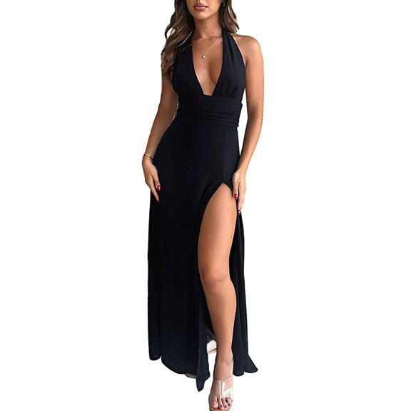 Womens Halter Deep V Neck Maxi Dress Sleeveless Backless Split Long Dress Black L