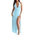 thumbnail image 1 of Womens Halter Deep V Neck Maxi Dress Sleeveless Backless Split Long Dress Light Blue L, 1 of 6