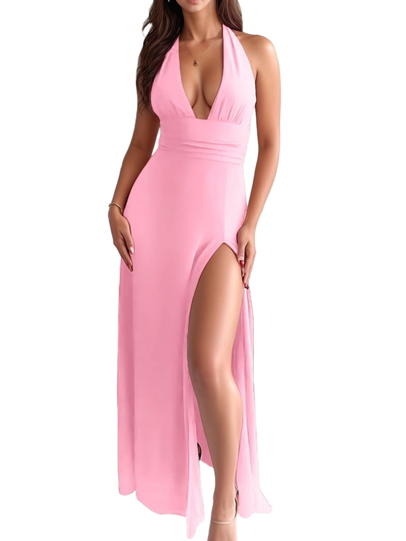 Womens Halter Deep V Neck Maxi Dress Sleeveless Backless Split Long Dress Pink XXL