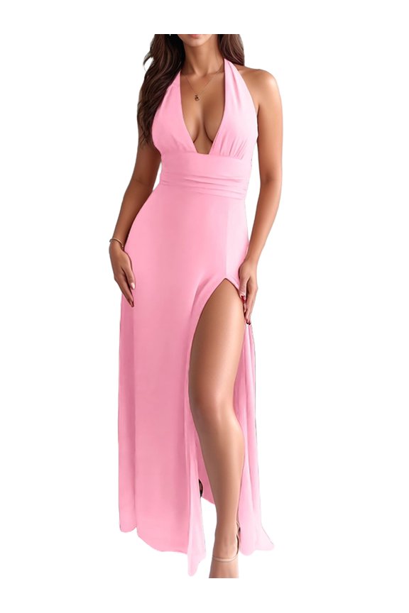 Womens Halter Deep V Neck Maxi Dress Sleeveless Backless Split Long Dress Pink XXL