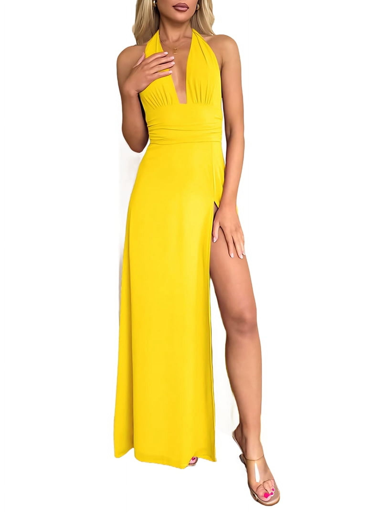 Womens Halter Deep V Neck Maxi Dress Sleeveless Backless Split Long Dress Yellow S - Walmart.com Womens Halter Deep V Neck Maxi Dress Sleeveless Backless Split Long Dress Yellow S - Walmart.com