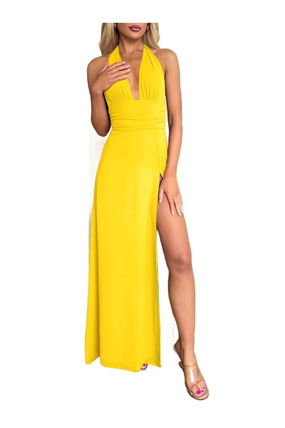 Womens Halter Deep V Neck Maxi Dress Sleeveless Backless Split Long Dress Yellow S