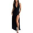 thumbnail image 1 of Womens Halter Deep V Neck Maxi Dress Sleeveless Backless Split Long Dress, 1 of 7