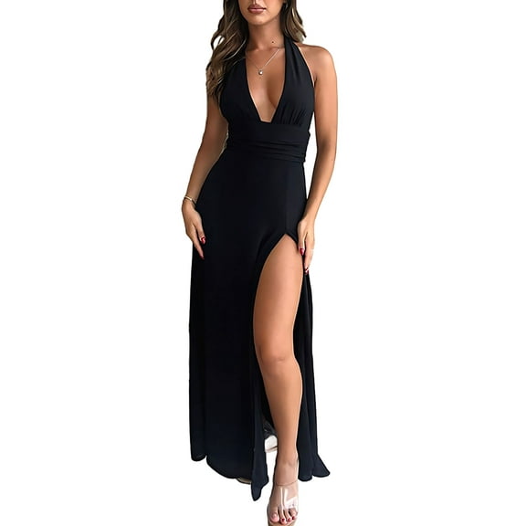 Womens Halter Deep V Neck Maxi Dress Sleeveless Backless Split Long Dress