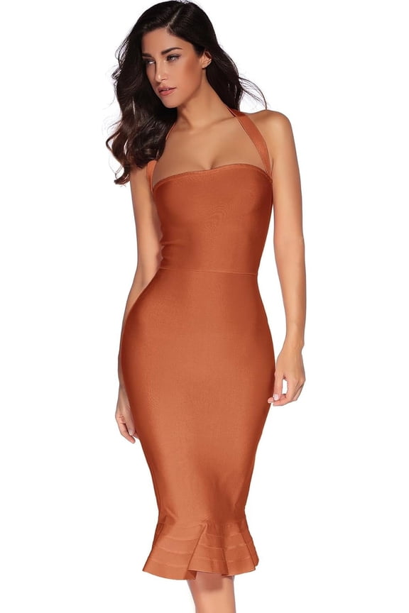 Womens Halter Fishtail Bandage Party Dress Elegant Wedding Guest Dress Color Sunset Orange Medium