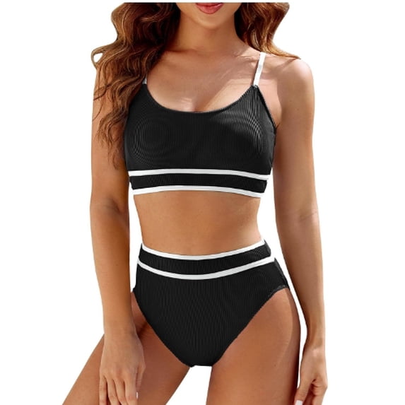 Womens Halter High Waisted Bikini Sets Color Block Sporty Swimsuit Two Piece High Cut Bathing Suit 2024