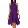 thumbnail image 1 of Womens Halter Neck Chiffon Dresses, Tunic Keyhole Zipper Back Solid Midi Sundress, High Low Double Layered Ruffle Hem Sleeveless Dress, 1 of 8