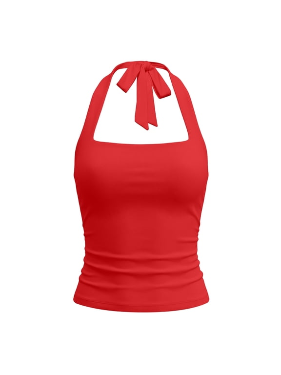 Womens Halter Neck Crop Top Sleeveless Backless Slim Fit Tank Shirt Casual Club Streetwear Top for Summer Parties Red XS