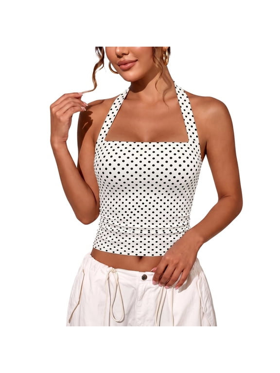 Womens Halter Neck Crop Top Sleeveless Backless Slim Fit Tank Shirt Casual Streetwear Crop Top for Summer Parties and Daily Wear White M