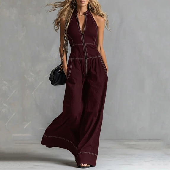 Womens Halter Neck Jumpsuit Zipper Front Wide Leg Summer Casual Elegant Romper with Pockets XL
