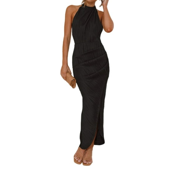 Womens Halter Neck Party Dress Sleeveless Slit Textured Backless Sim Fit Ruched Midi Cocktail Dresses