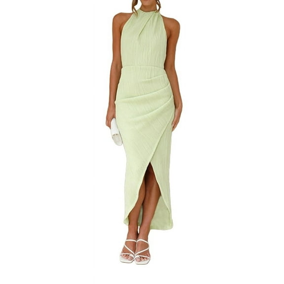 Womens Halter Neck Party Dress Sleeveless Slit Textured Backless Sim Fit Ruched Midi Cocktail Dresses Green L
