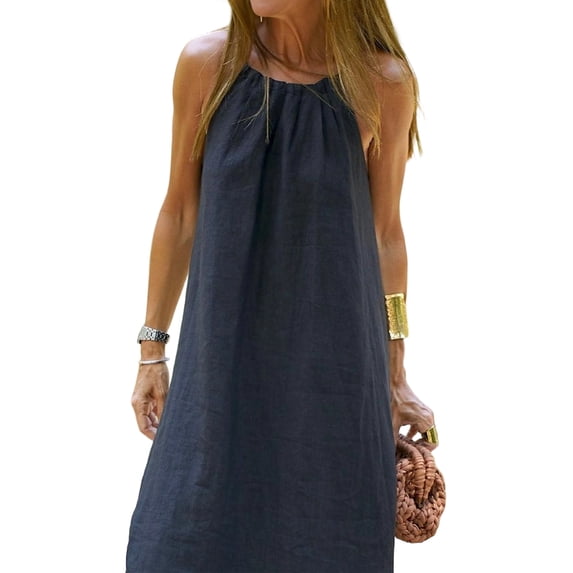 Womens Halter Neck Side Slit Linen Style Casual Vacation Dress Beach Holiday Summer Long Dress Black L