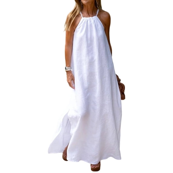Womens Halter Neck Side Slit Linen Style Casual Vacation Dress Beach Holiday Summer Long Dress White S