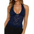 thumbnail image 1 of Womens Halter Neck Sleeveless Going Out Y2K Trendy Lace Cropped Tank Tops Navy Blue XL, 1 of 5