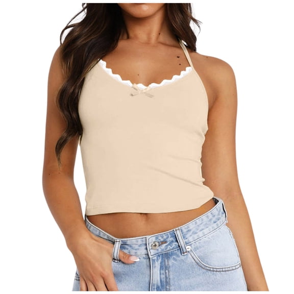 Womens Halter Neck Tank Top Y2K BM Style Slim Fit Sleeveless Summer Cami Vest Top Basic Layering Shell Tee M