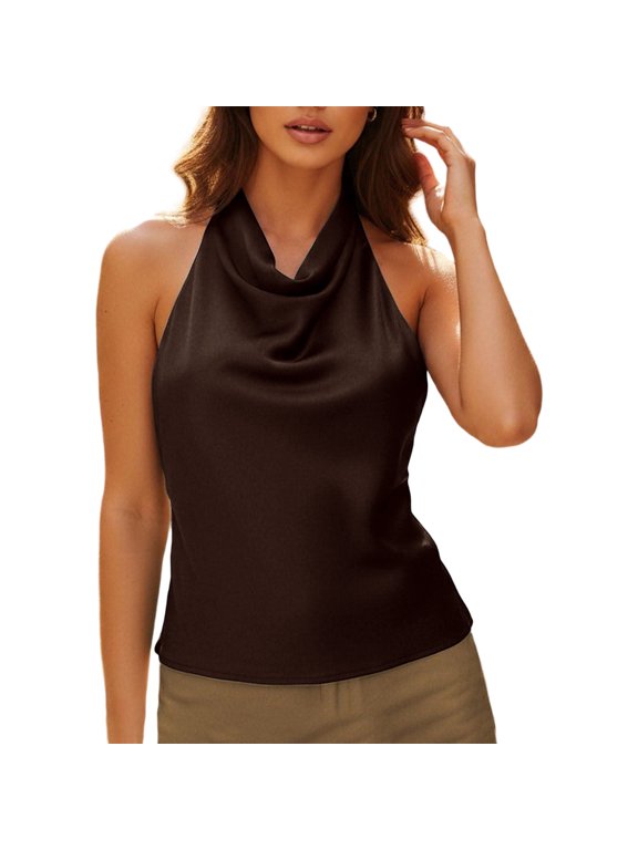 Womens Halter Neck Tops Sleeveless Satin Smooth Silky T Shirts Slim Fit Casual Tanks Summer Blouses Brown L