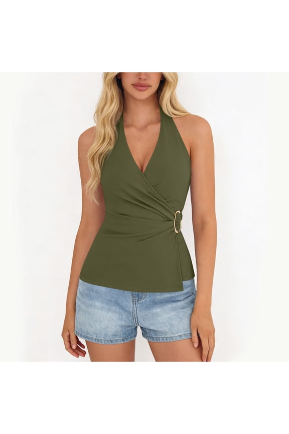 Womens Halter Sleeveless Tops Summer Tie Wrap Ruched V Neck Solid Color Fitted Shirts Backless Fashion Vacation Clothes New Army Green L