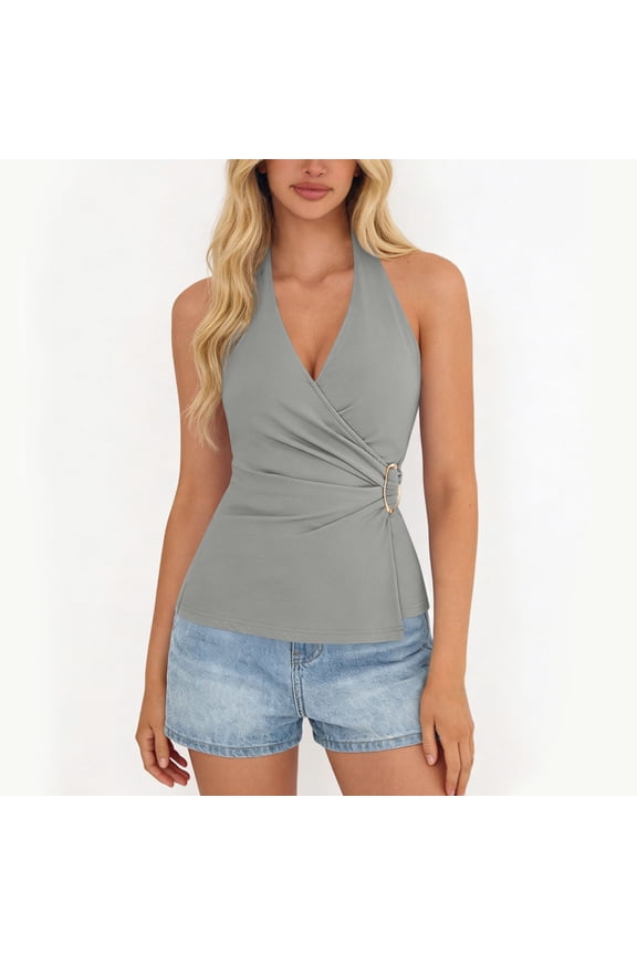 Womens Halter Sleeveless Tops Summer Tie Wrap Ruched V Neck Solid Color Fitted Shirts Backless Fashion Vacation Clothes New Gray S