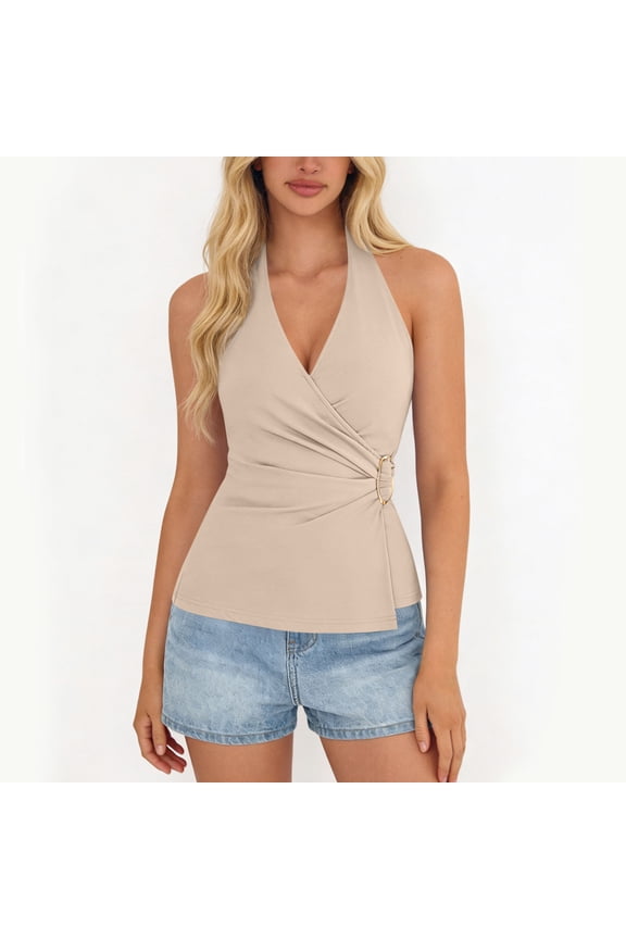 Womens Halter Sleeveless Tops Summer Tie Wrap Ruched V Neck Solid Color Fitted Shirts Backless Fashion Vacation Clothes New Khaki S