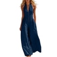 thumbnail image 1 of Womens Halter Sleeveless V Neck Zipper Jumpsuit Cotton Blend High Waist Wide Leg Solid Romper with Pockets for Vacation Daily Wear Navy L(L), 1 of 6