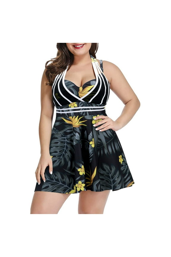 Womens Halter Swimdress Plus Size Two Piece Swimsuit Tankini Set