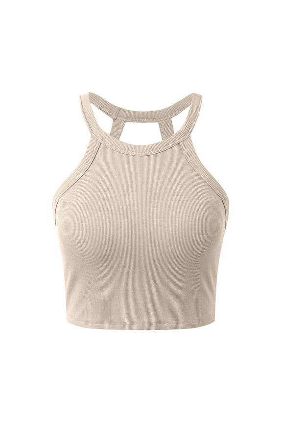 Womens Halter Tank Tops with Built in Bra Ribbed Fitted Tank Top Sleeveless Camisole Tanks Basic Casual Soft Undershirt Beige, Size L