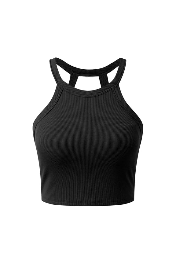 Womens Halter Tank Tops with Built in Bra Ribbed Fitted Tank Top Sleeveless Camisole Tanks Basic Casual Soft Undershirt Black, Size L