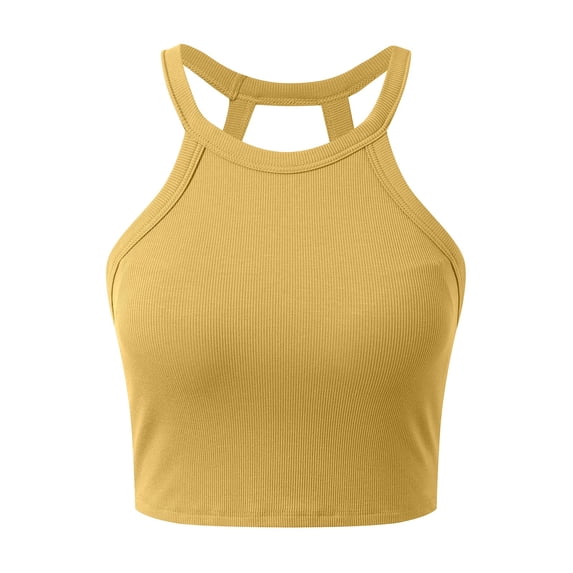 Womens Halter Tank Tops with Built in Bra Ribbed Fitted Tank Top Sleeveless Camisole Tanks Basic Casual Soft Undershirt Yellow, Size M