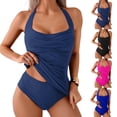 thumbnail image 1 of Womens Halter Tankini Bathing Suit Ruched Tummy Control Two Piece Swimsuit with Bottom Royal Blue XL, 1 of 4
