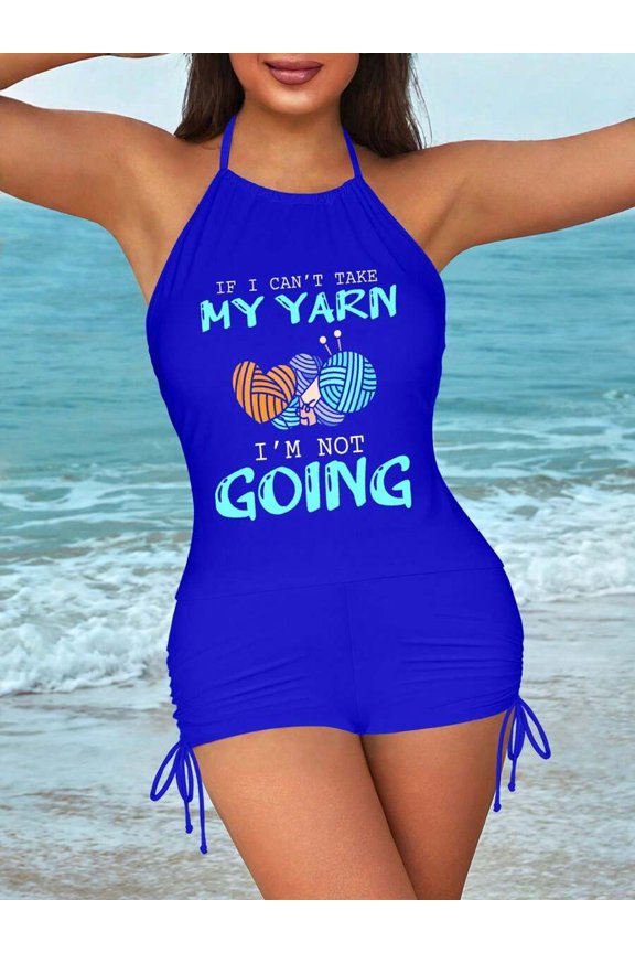 Womens Halter Tankini Set Blue With Yarn Graphic Drawstring Shorts