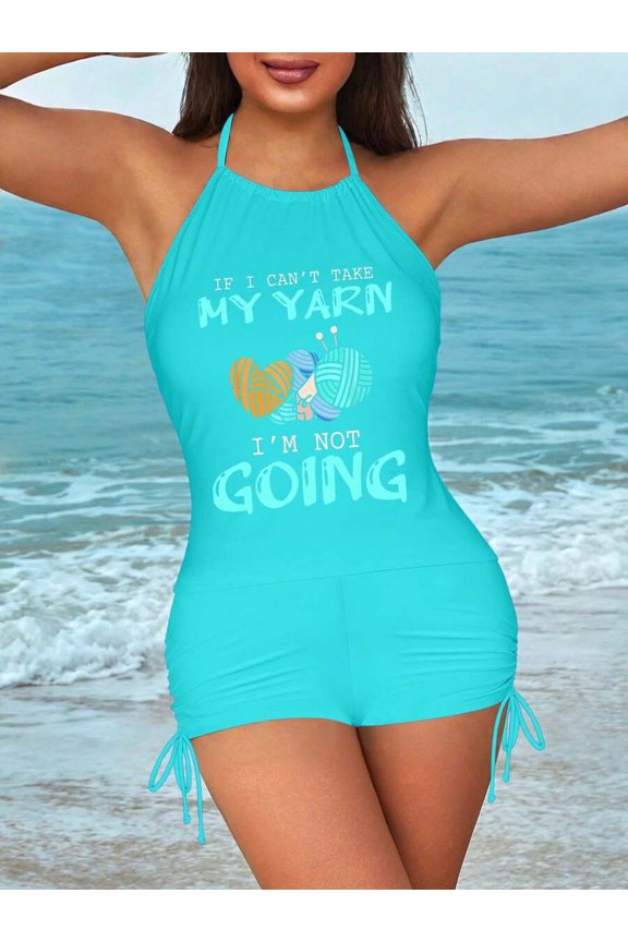 Womens Halter Tankini Set Mint Green With Yarn Graphic Drawstring Shorts