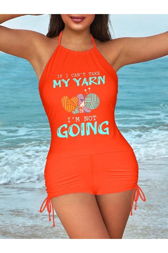 Womens Halter Tankini Set Red With Yarn Graphic Print Drawstring Shorts