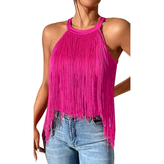 Womens Halter Tassel Tops Summer Sleeveless Fringe Hem Camisole Tops Y2K Going Out Rave Club Shirts Cowgirl Flowy Backless Dressy Blouse Tank Tops