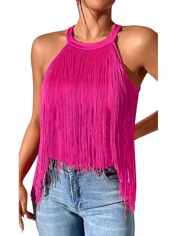 Womens Halter Tassel Tops Summer Sleeveless Fringe Hem Camisole Tops Y2K Going Out Rave Club Shirts Cowgirl Flowy Backless Dressy Blouse Tank Tops