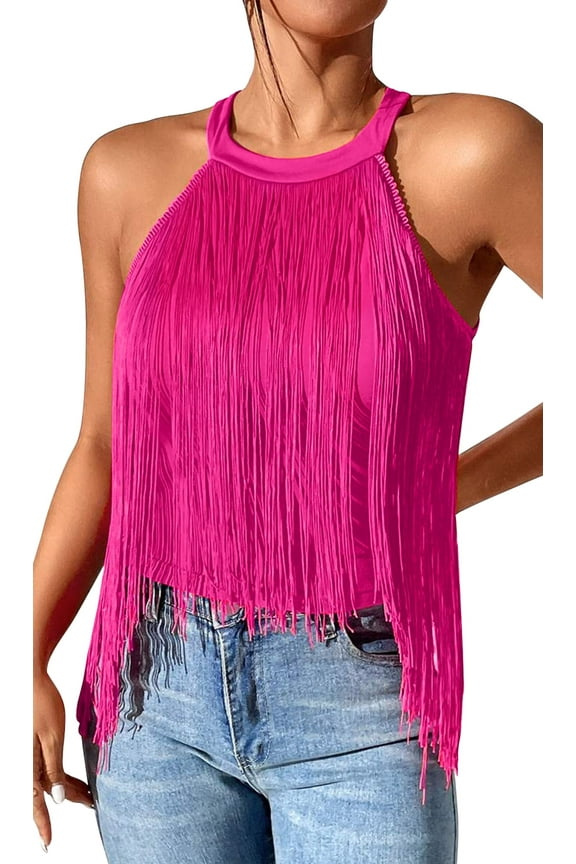 Womens Halter Tassel Tops Summer Sleeveless Fringe Hem Camisole Tops Y2K Going Out Rave Club Shirts Cowgirl Flowy Backless Dressy Blouse Tank Tops