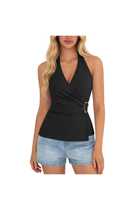 Womens Halter Top Spring Summer Tie Wrap Sleeveless Ruched V Neck Fitted Summer Tops Backless Fashion Clothes Black