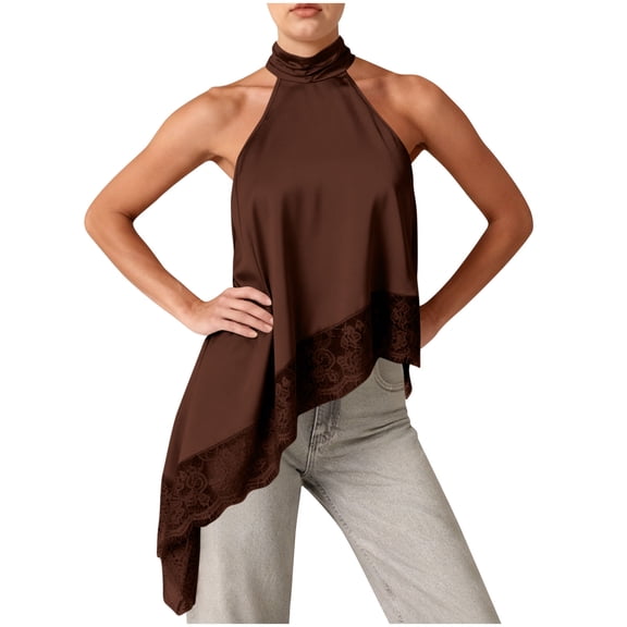 Womens Halter Tops Lace Trim Asymmetrical High Low Hem Satin Shirt Dressy Casual Tanks Sleeveless Going Out Blouses (L, Brown)