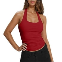 Womens Halter Tops Ruched Bandeau Blouses Cute Summer Going Out Shirt Slim Fit Backless Teens Club Outfits (XL, Red)