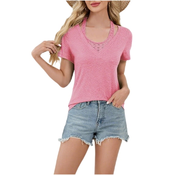 Womens Halter Tops, Short Sleeve Shirts for Women Sexy Fashion Slim Fit Basic Lace Patchwork V Neck T Shirts S-2XL