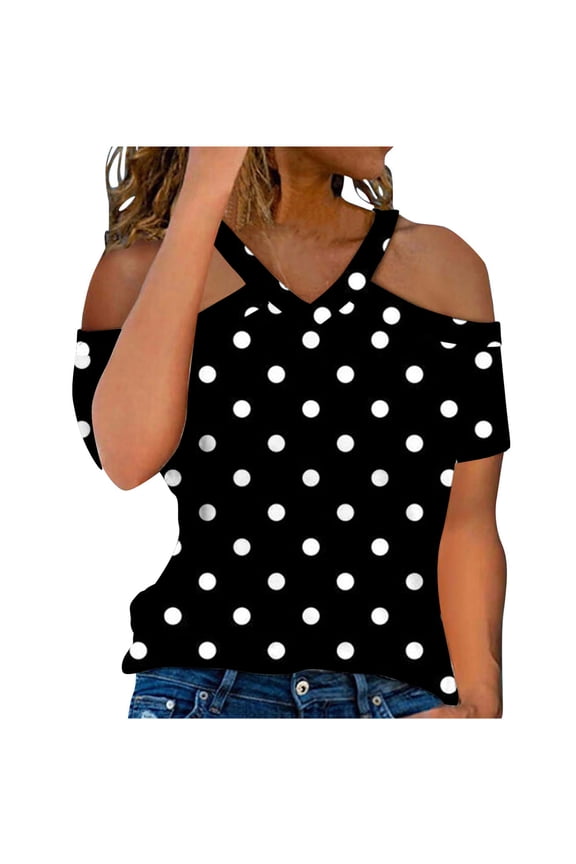 Womens Halter V Neck Cold Shoulder Tops Stripe Shirts Cut Out Shoulder Casual Gradient Tshirts Polka Dot Heart Tees Black L
