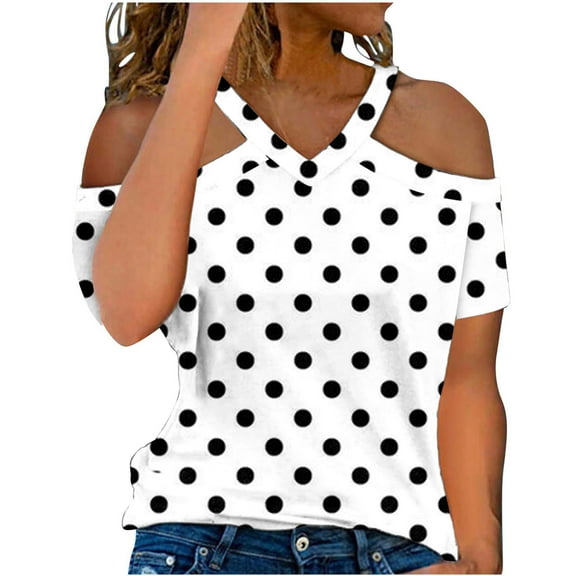 Womens Halter V Neck Cold Shoulder Tops Stripe Shirts Cut Out Shoulder Casual Gradient Tshirts Polka Dot Heart Tees White XL