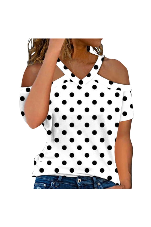 Womens Halter V Neck Cold Shoulder Tops Stripe Shirts Cut Out Shoulder Casual Gradient Tshirts Polka Dot Heart Tees White XL